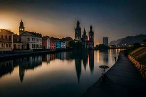 un río con edificios y un Iglesia a puesta de sol. generado por ai foto