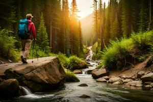 hiker with backpack walking on a trail in the forest. AI-Generated photo