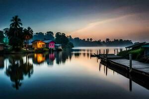 a house on the water at sunrise. AI-Generated photo