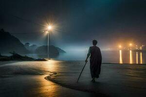 un hombre caminando en el playa a noche. generado por ai foto