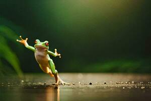 a frog jumping on a wet surface. AI-Generated photo