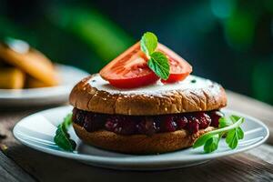 a hamburger with tomato and cheese on a white plate. AI-Generated photo