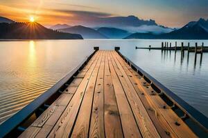 a wooden dock extends into the water at sunset. AI-Generated photo