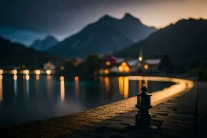 a lamp post is sitting in front of a lake at night. AI-Generated photo