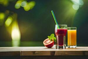 two glasses of juice and a tomato on a table. AI-Generated photo