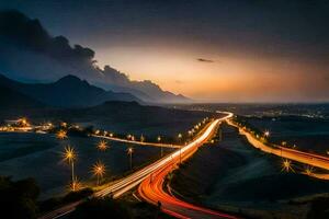 un largo exposición foto de un la carretera a oscuridad. generado por ai