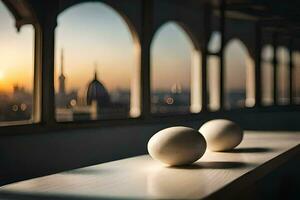 two eggs sit on a table in front of a window. AI-Generated photo