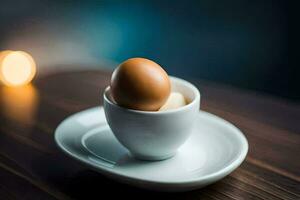 un huevo en un taza en un platillo. generado por ai foto