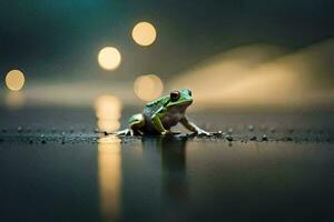 a frog sitting on the wet ground in front of a blurry background. AI-Generated photo