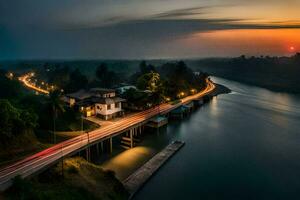 a bridge over a river at sunset. AI-Generated photo