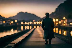 a man in a suit walks along a pier at dusk. AI-Generated photo