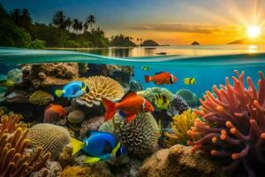 the sun is setting over a coral reef and fish. AI-Generated photo