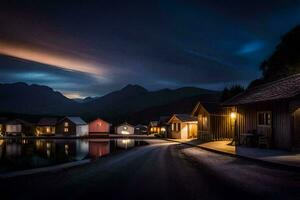 a small village at night with a lake and mountains in the background. AI-Generated photo