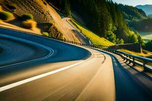 un coche conducción en un devanado la carretera en el montañas. generado por ai foto