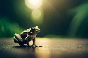 a frog sitting on a wooden surface in the sunlight. AI-Generated photo