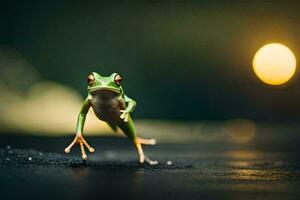 a frog is standing on the ground with its legs spread. AI-Generated photo