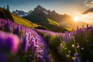 the sun rises over a field of purple flowers in the mountains. AI-Generated photo