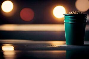 a green cup with beans in it sitting on a table. AI-Generated photo