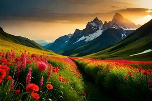 a beautiful field of flowers and mountains at sunset. AI-Generated photo