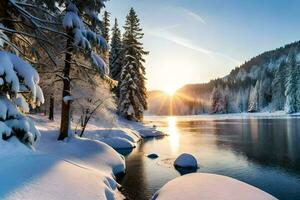 snow covered trees and the sun shining over a river. AI-Generated photo