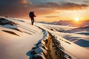 a person walking on a snow covered mountain at sunset. AI-Generated photo