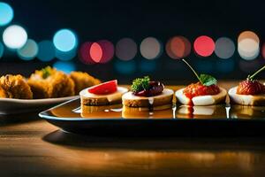 un plato de aperitivos en un mesa con un borroso antecedentes. generado por ai foto