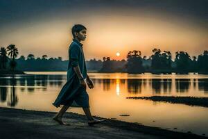 un joven hombre caminando a lo largo el apuntalar a puesta de sol. generado por ai foto