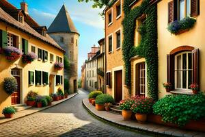 an old cobblestone street with flowers and plants. AI-Generated photo