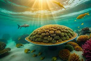 the sun shines over a coral reef and fish. AI-Generated photo