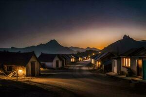 un pueblo a noche con luces en el casas generado por ai foto