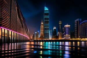 el ciudad horizonte a noche con luces reflejando apagado el agua. generado por ai foto