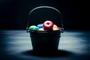 a bucket filled with apples on a dark background. AI-Generated photo