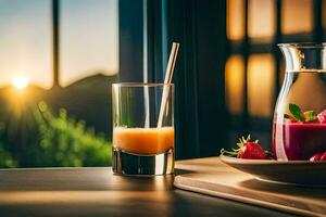 a pitcher of juice and a glass of juice on a table. AI-Generated photo