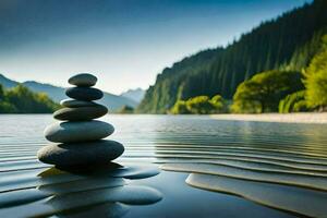 un apilar de piedras sentado en el agua en frente de un montaña. generado por ai foto