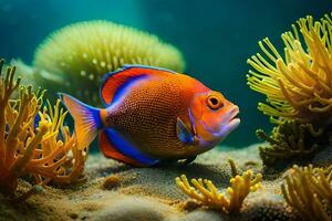 a fish in an aquarium with coral and anemones. AI-Generated photo