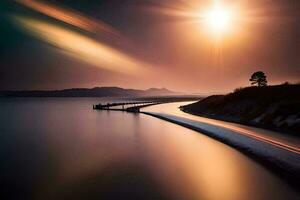a long exposure photo of a pier and the sun setting over the water. AI-Generated