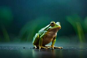 a frog sitting on the ground in front of a green background. AI-Generated photo