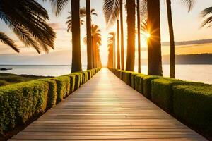 a wooden walkway leads to the ocean at sunset. AI-Generated photo