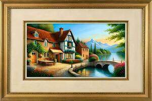 a painting of a house on the lake with a bridge. AI-Generated photo