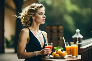 a woman sitting at a table with juice and fruit. AI-Generated photo