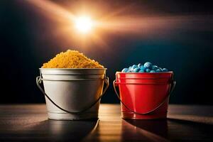 two buckets of yellow and blue candy sitting on a table. AI-Generated photo