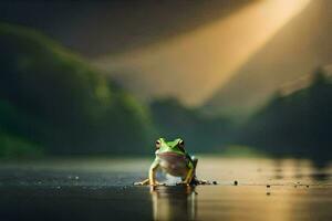 a frog is standing on the water in front of a forest. AI-Generated photo