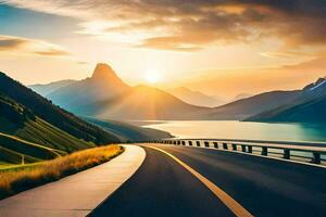 un la carretera líder a un montaña lago a puesta de sol. generado por ai foto