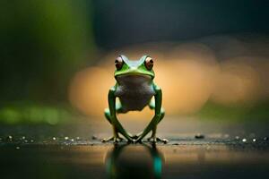 a frog standing on the ground with a blurry background. AI-Generated photo