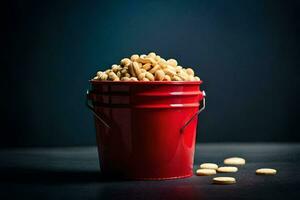 a red bucket filled with peanuts on a dark table. AI-Generated photo