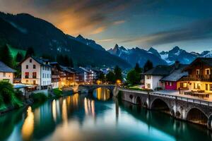 photo wallpaper the sky, mountains, river, houses, mountains, switzerland, alpine,. AI-Generated