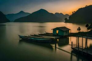 a boat sits on the water at sunset. AI-Generated photo