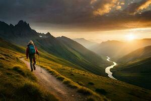 un caminante camina a lo largo un sendero en el montañas. generado por ai foto