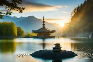 the sun rises over a lake with stones stacked on top. AI-Generated photo