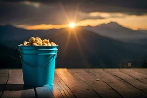 a bucket of peanuts on a wooden table in front of a sunset. AI-Generated photo